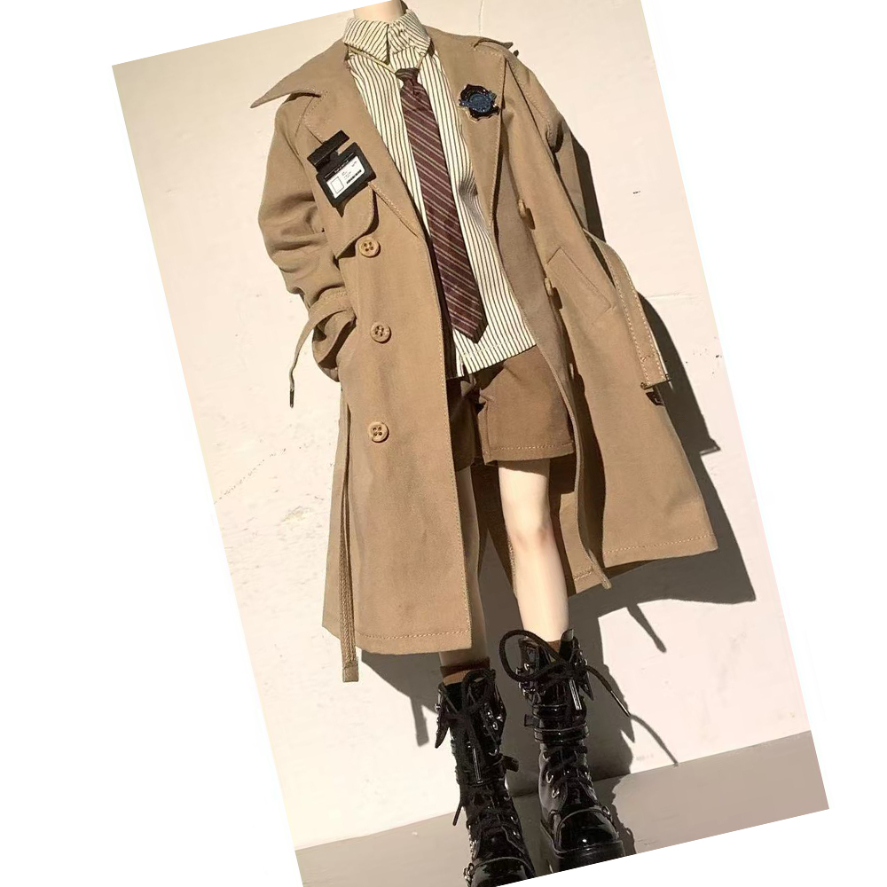 Vintage Collectible Accessories - ชุดเสื้อกันลมสไตล์นักสืบวินเทจสำหรับตุ๊กตาบีเจดีชายขนาด 1/4 45 ซม., เสื้อเชิ้ตลายทางพร้อมเนคไท กางเกงขาสั้นสีกากี