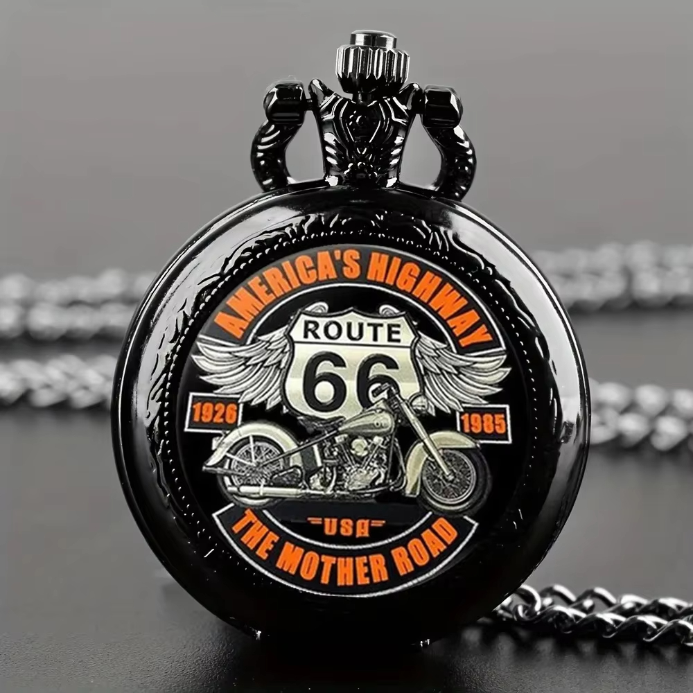 Vintage Collectible Glass - นาฬิกาพกสไตล์เรโทรสีดำ รุ่น Route 66 พร้อมสายโซ่ ระบบควอตซ์