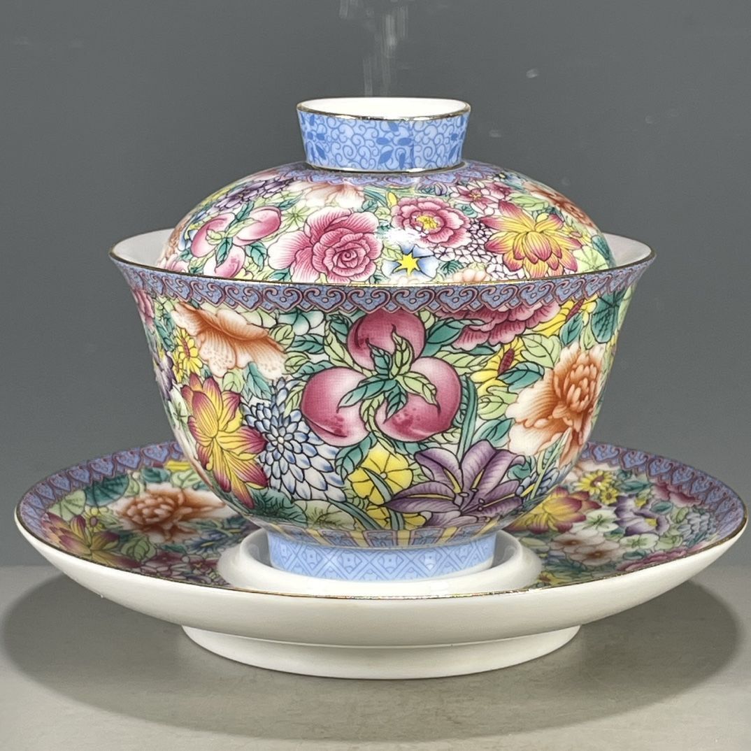 Vintage Collectible Pottery - ชุดกайว่าน 3 ชิ้น ลายดอกไม้เขียนมือ สไตล์จีนโบราณ ยี่ห้อฟาลังไช่