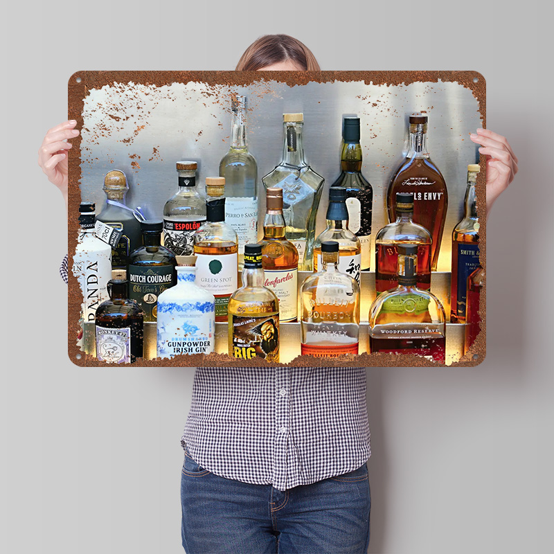 Vintage Collectible Liquor Bottles - โปสเตอร์สะสมขวดเหล้า งานศิลปะติดผนังแบบกำหนดเอง ป้ายโลหะวินเทจ ป้ายดีบุกย้อนยุค สำหรับตกแต่งห้องแมนเคฟ ร้านกาแฟ